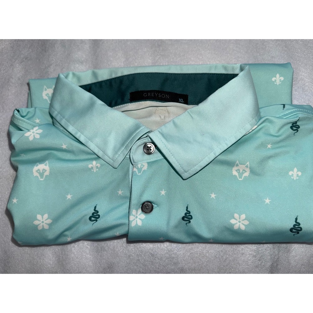Greyson Polo Shirt Mens XL Teal Wolf Snake Fleur-De-Lis Print Golf Short Sleeve